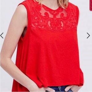 FREE PEOPLE Meant To Be Tee Red‎ Orange  Embroidered Tank Top XS Blouse